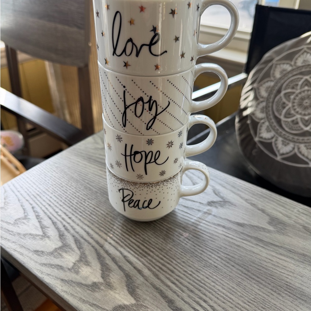 Pier 1 Stackable Holiday Porcelain White Mugs Set